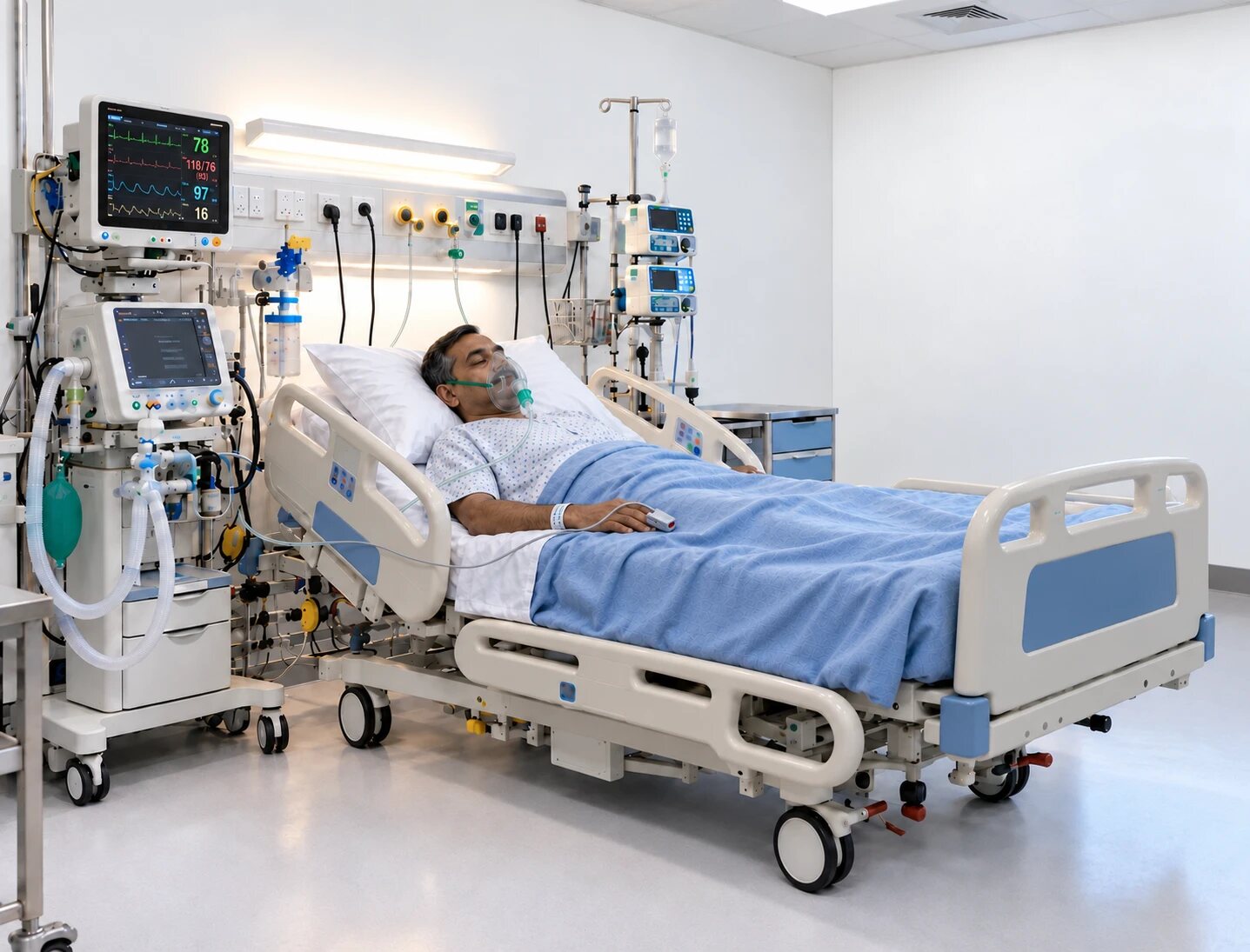 Patient receiving care in an intensive care unit, with monitors and a ventilator